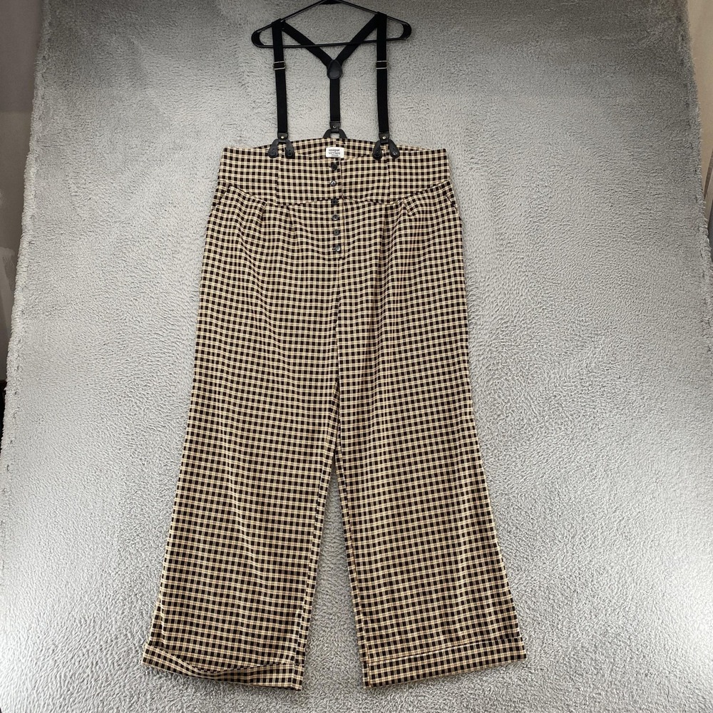 Unique Vintage Suspender Pants Womens 3X Brown Plaid Twill Wide Leg Retro